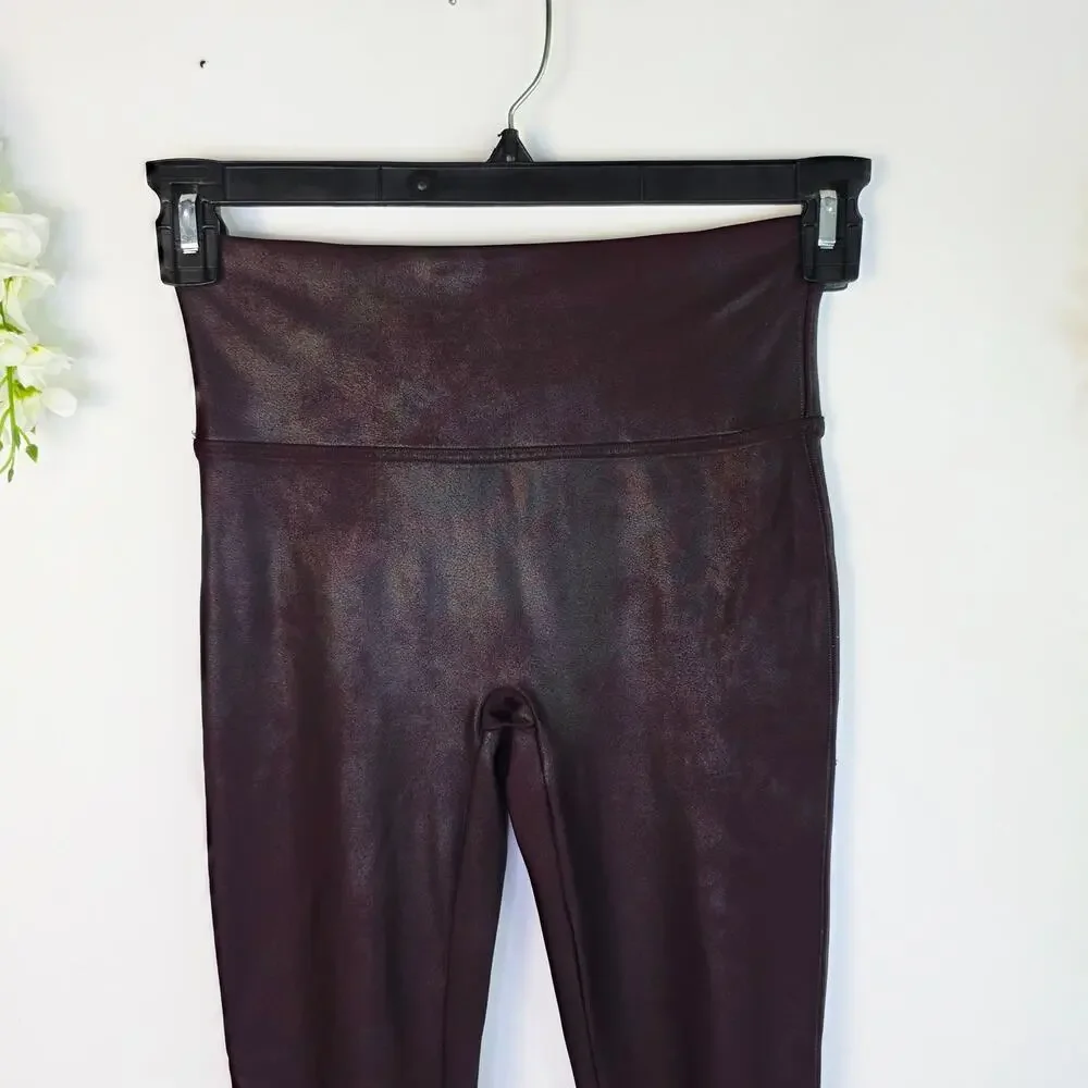 SPANX Faux Leather Leggings Medium Burgundy High Waist Shaping Baddie Moto
